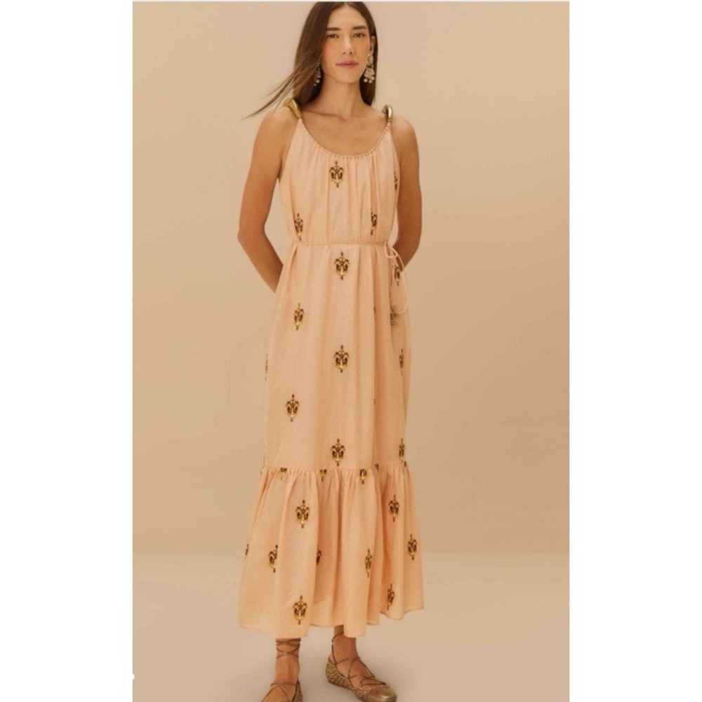 NWT Farm Rio Anchor Tapestry Fish Strap Maxi Dress Sz XS Light Pink / Gold $310